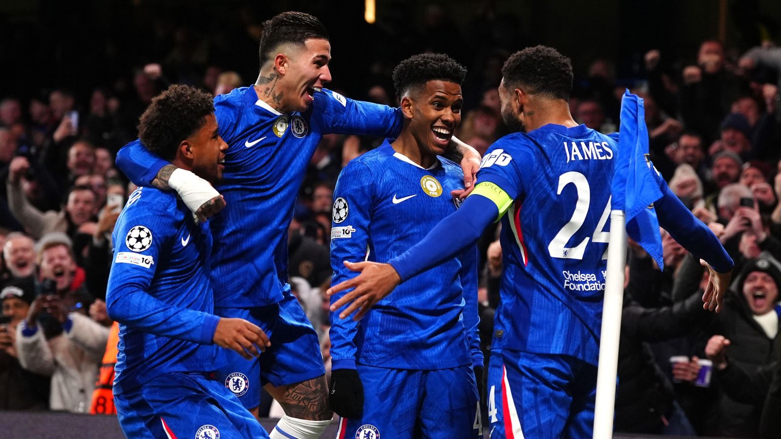 Estevao celebrates with Chelsea teammates