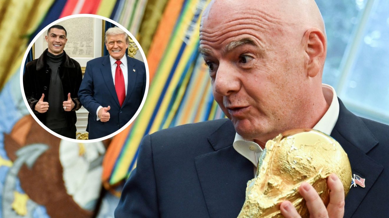 Gianni Infantino with the World Cup and, inset, Cristiano Ronaldo meeting Donald Trump.