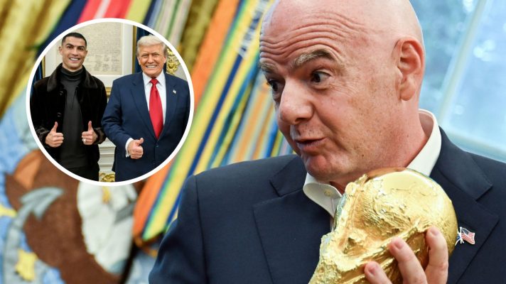 Gianni Infantino with the World Cup and, inset, Cristiano Ronaldo meeting Donald Trump.