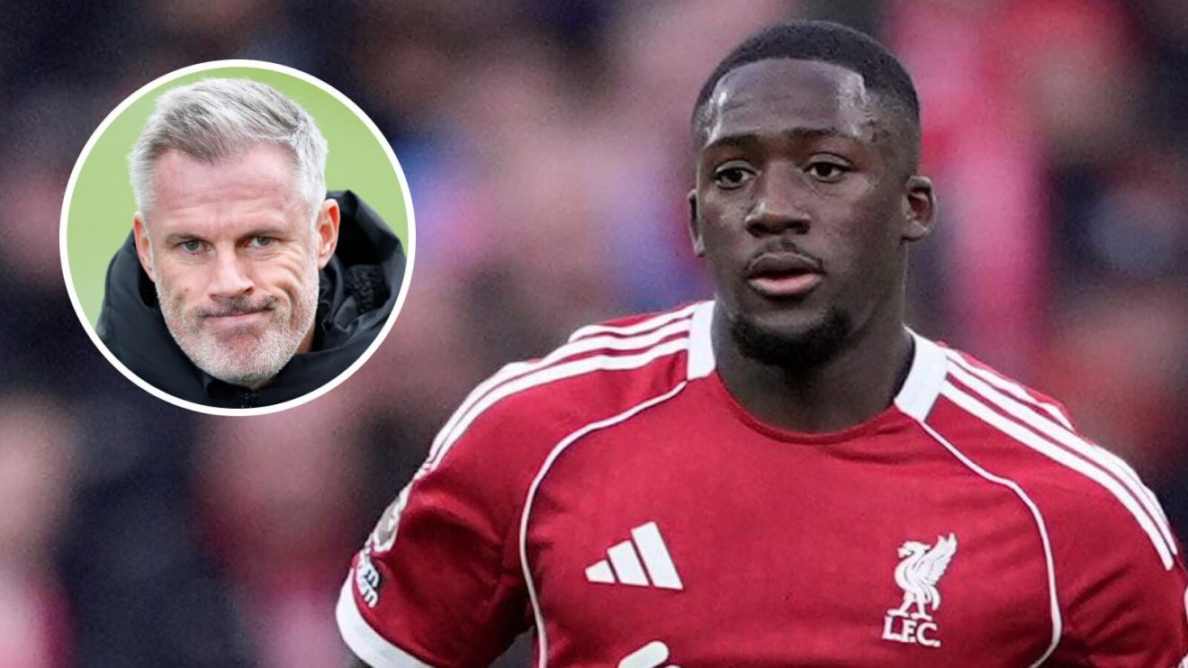 Liverpool's Ibrahima Konate with Jamie Carragher in a circle