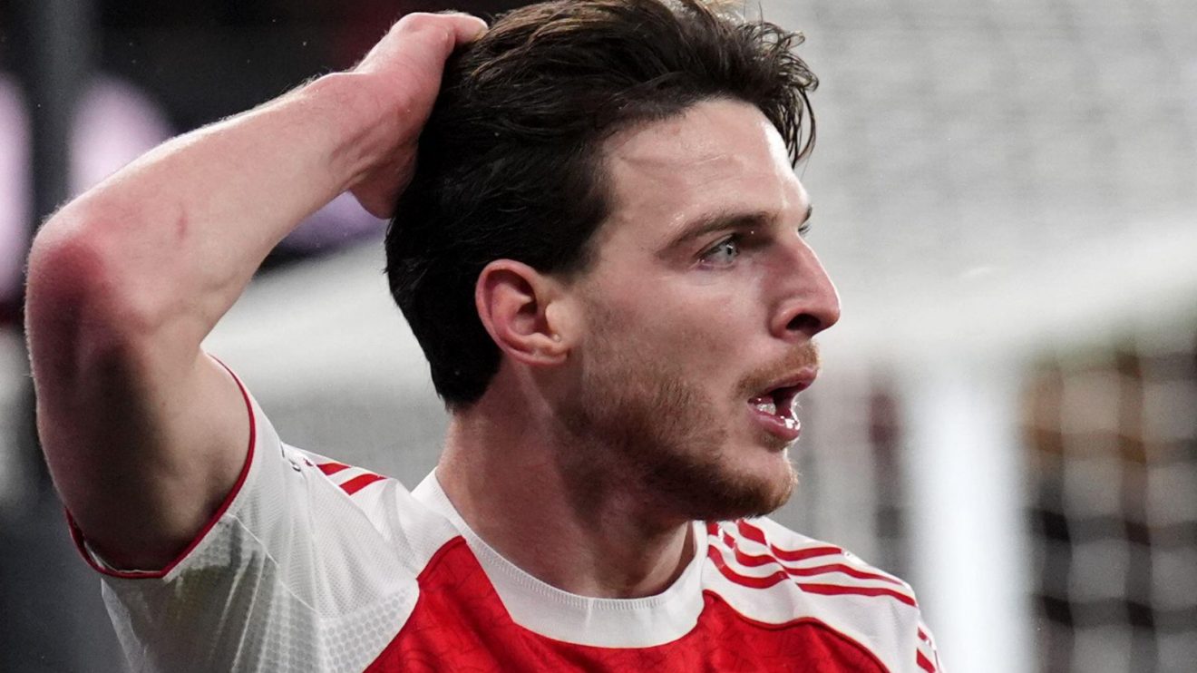 Arsenal midfielder Declan Rice against Bayern Munich