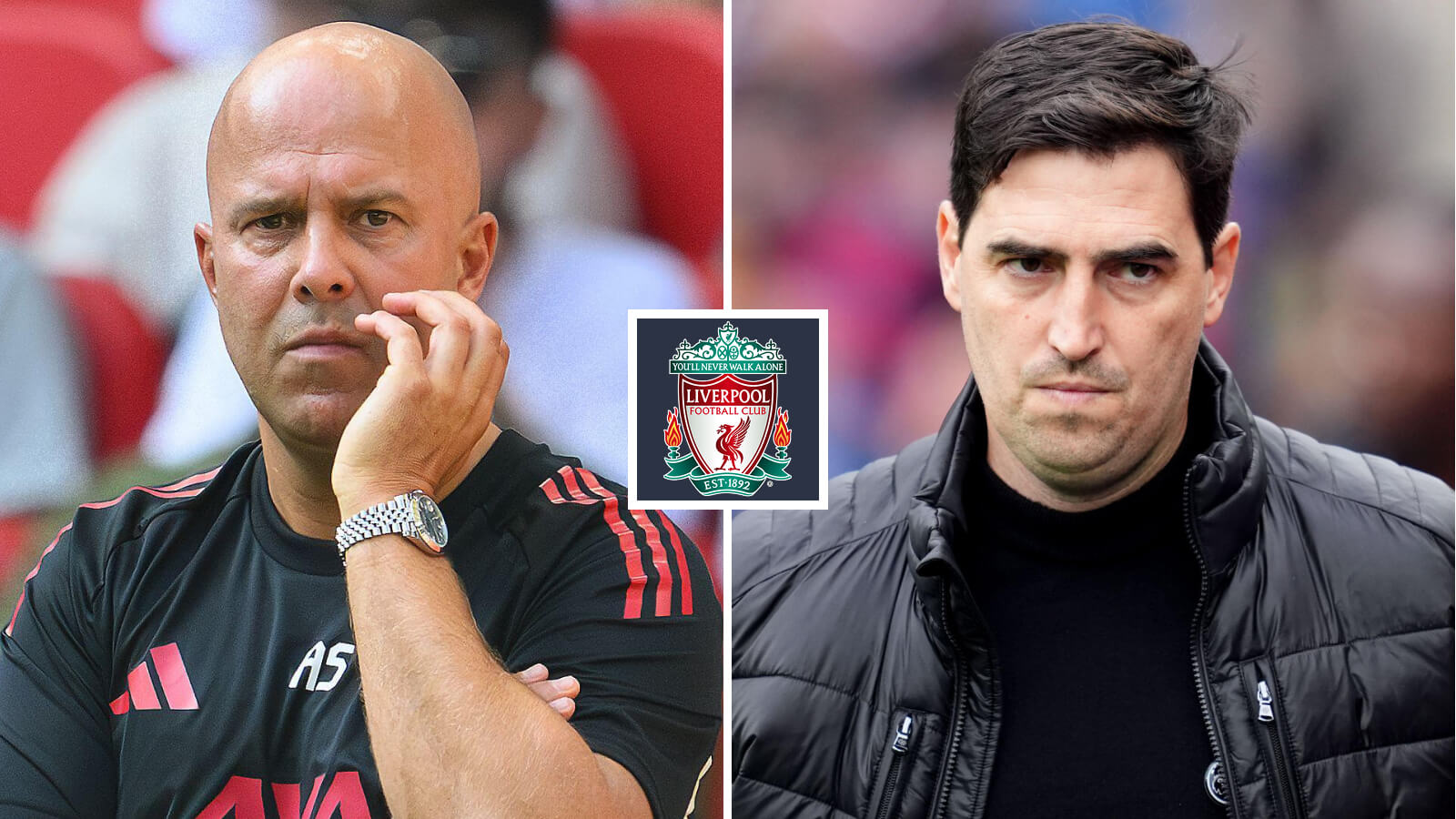 F365 Arne Slot Andoni Iraola with Liverpool badge 1