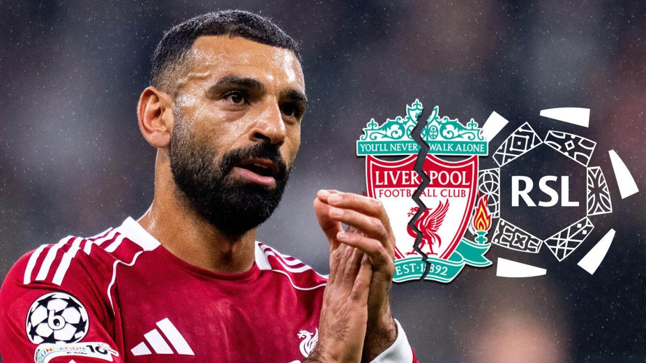 Mo Salah with a cracked Liverpool badge and regular Saudi Pro League logo