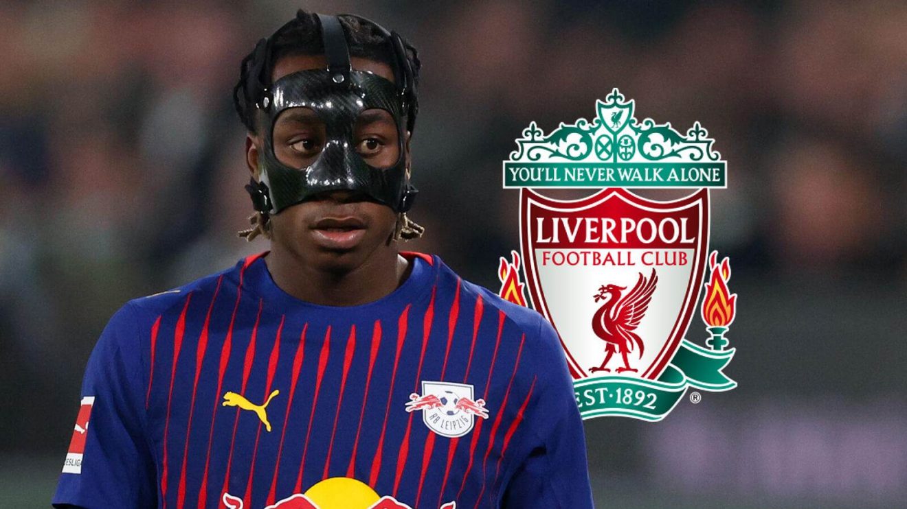 Yan Diomande (Leipzig) with the Liverpool badge
