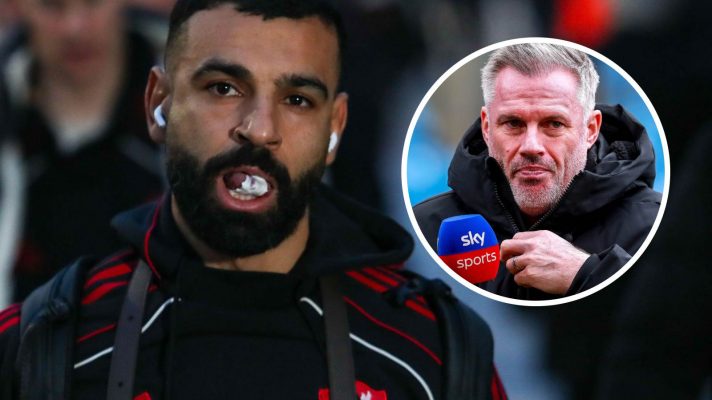 Liverpool legend Mohamed Salah with Jamie Carragher in a circle