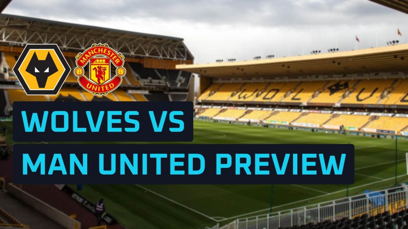 Wolves and Manchester United badges with Molineux as the backdrop
