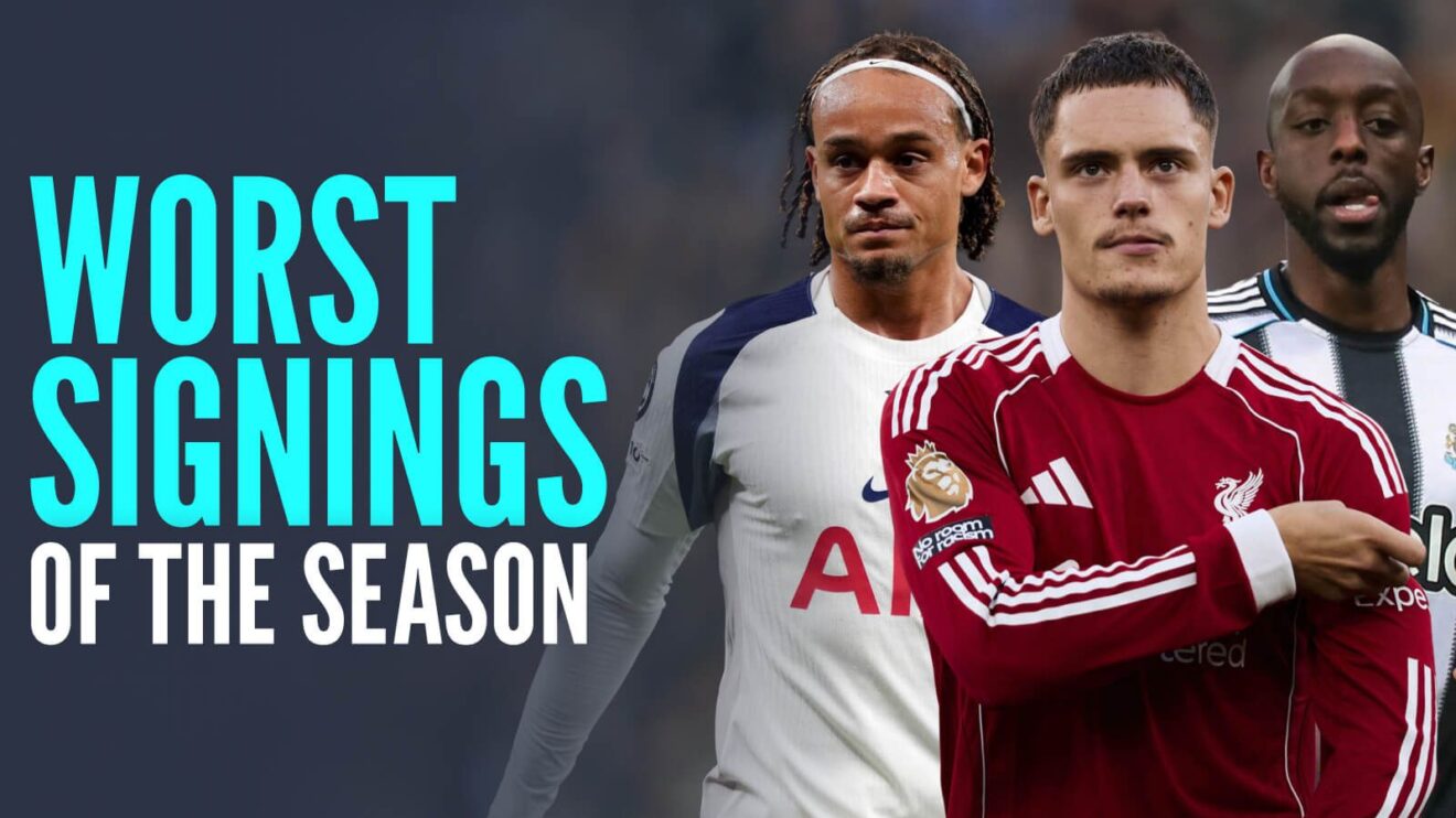Yoane Wissa, Florian Wirtz and Xavi Simons with the text 'worst signings of the season'