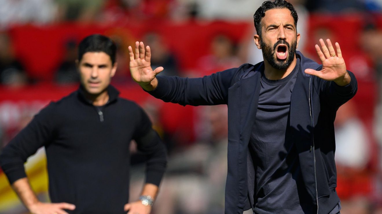 Man Utd head coach Ruben Amorim and Arsenal manager Mikel Arteta during a match