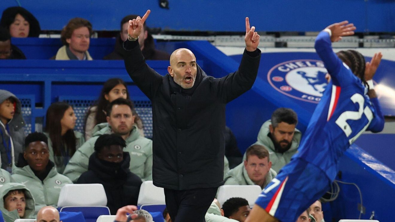 Enzo Maresca reacts during Chelsea's win over Everton
