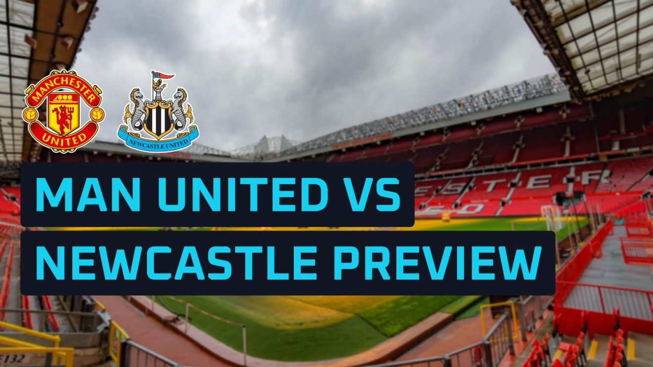 Man Utd and Newcastle club badges against a backdrop of Old Trafford