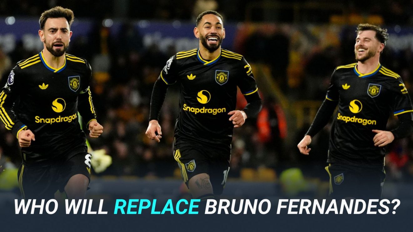 Man Utd players Bruno Fernandes, Matheus Cunha, Mason Mount with the text: Who will replace Bruno Fernandes?