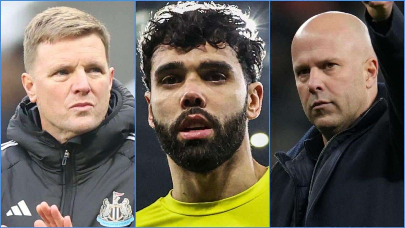 Newcastle manager Eddie Howe, Arsenal goalkeeper David Raya and Liverpool coach Arne Slot