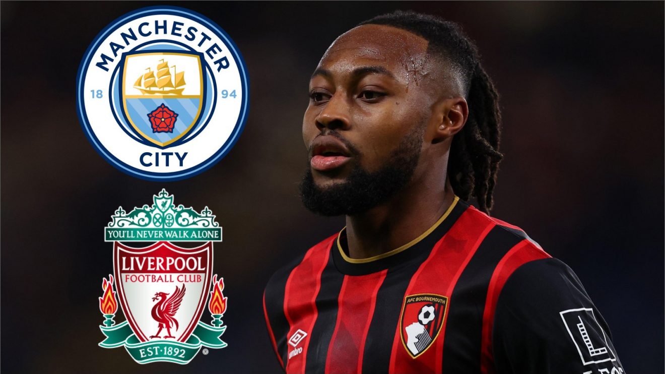 Antoine Semenyo with the Manchester City and Liverpool badges