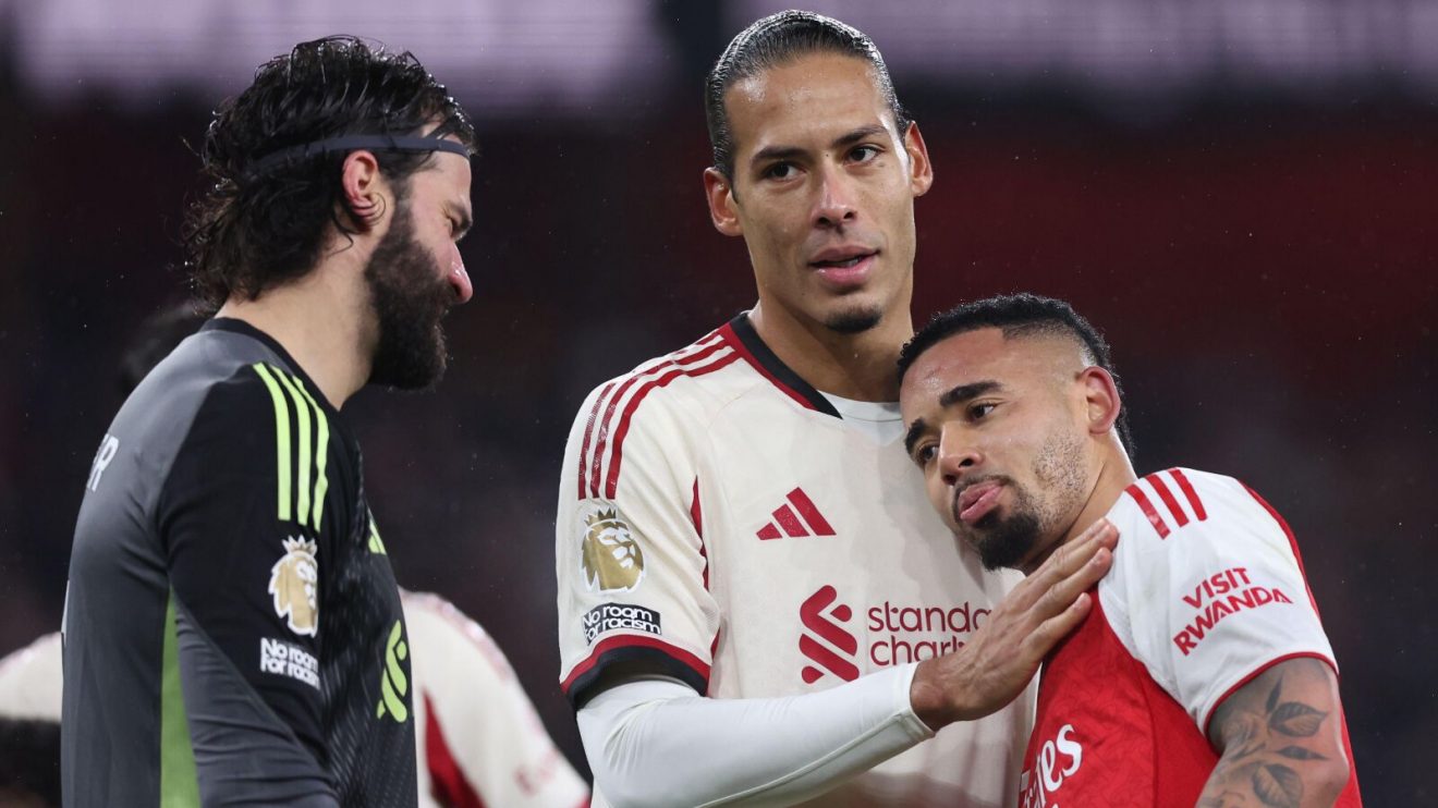 Alisson, Virgil van Dijk and Gabriel Jesus after the final whistle of the 0-0 Premier League draw between Arsenal and Liverpool