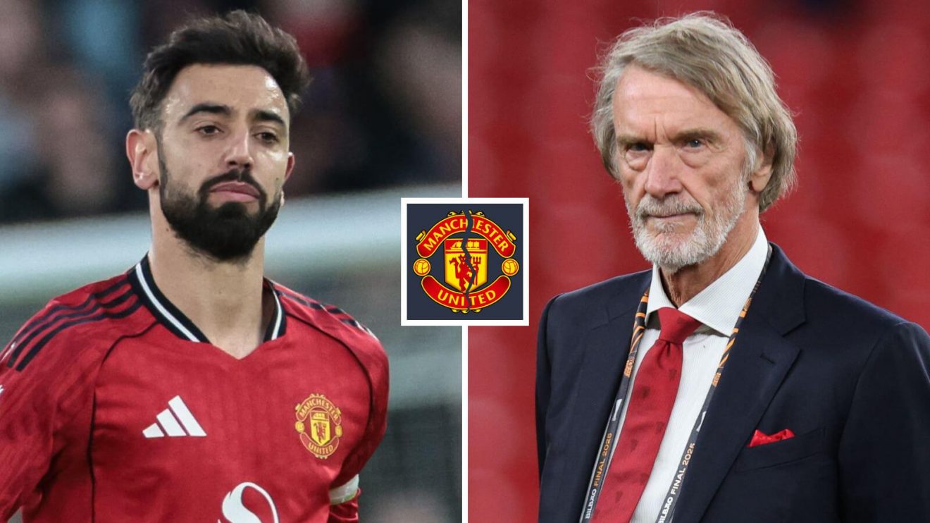 Bruno Fernandes and Sir Jim Ratcliffe with a cracked Man Utd badge