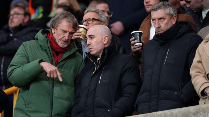 Manchester United minority shareholder Sir Jim Ratcliffe, CEO Omar Berrada (centre) and Technical Director Jason Wilcox in the stands