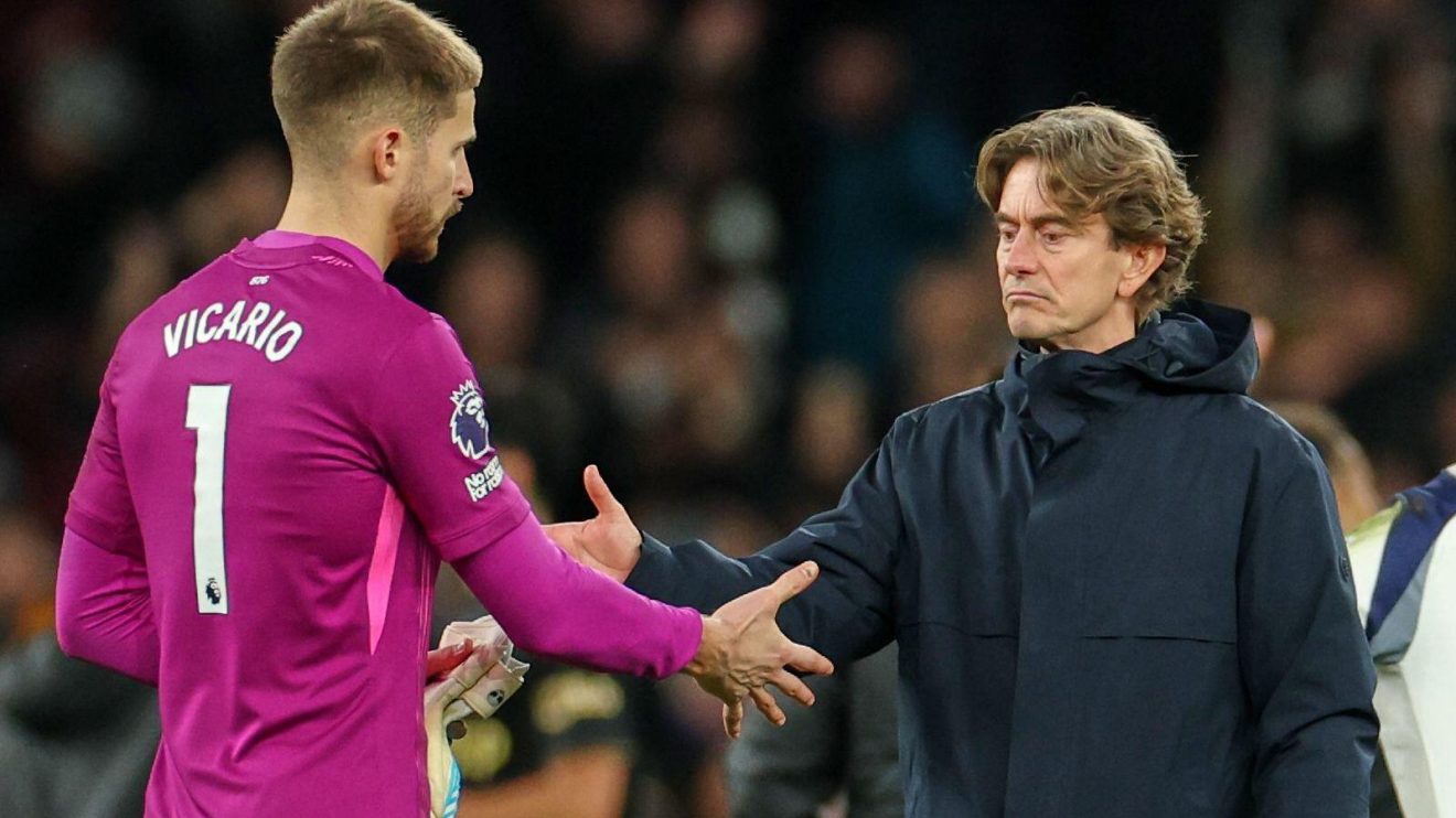 Spurs boss Thomas Frank and Guglielmo Vicario after a match