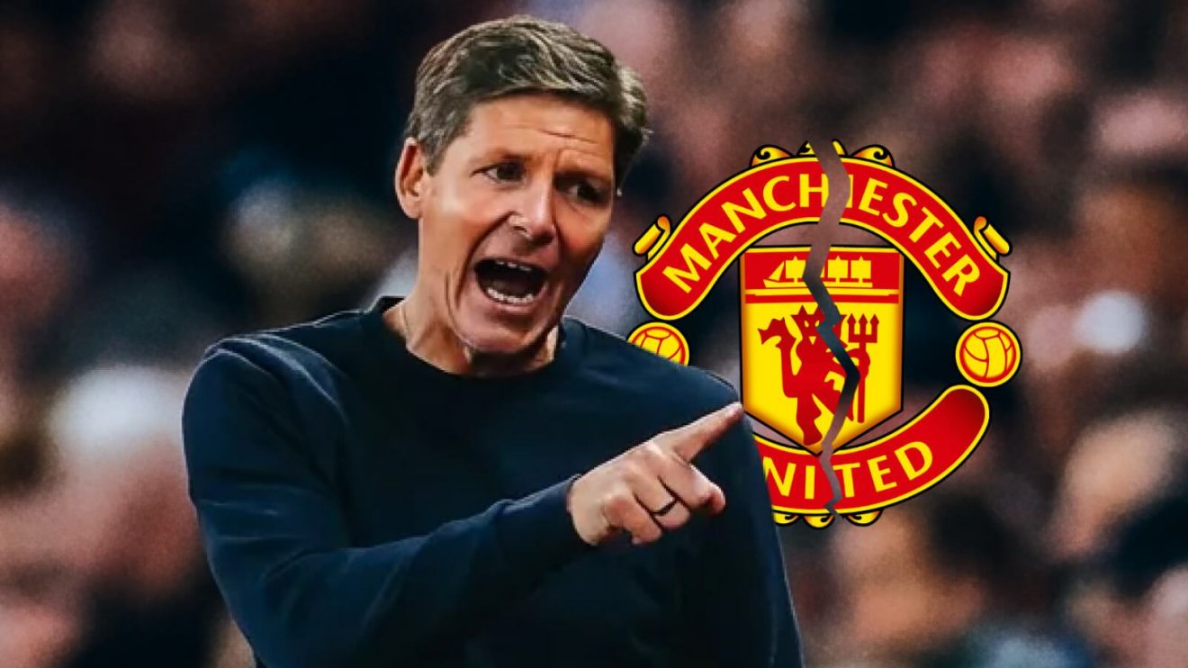 Oliver Glasner with a cracked Man Utd badge