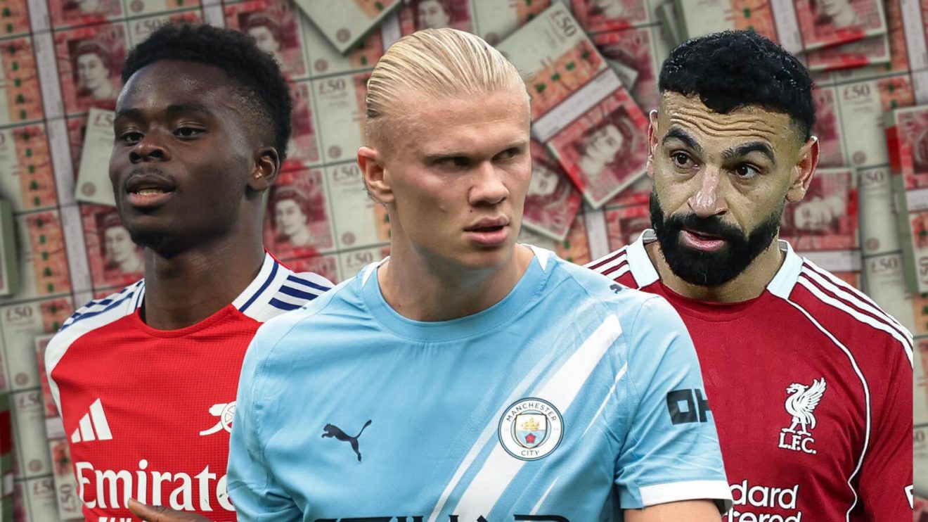 Bukayo Saka, Erling Haaland and Mo Salah on a background of 50 pound notes.