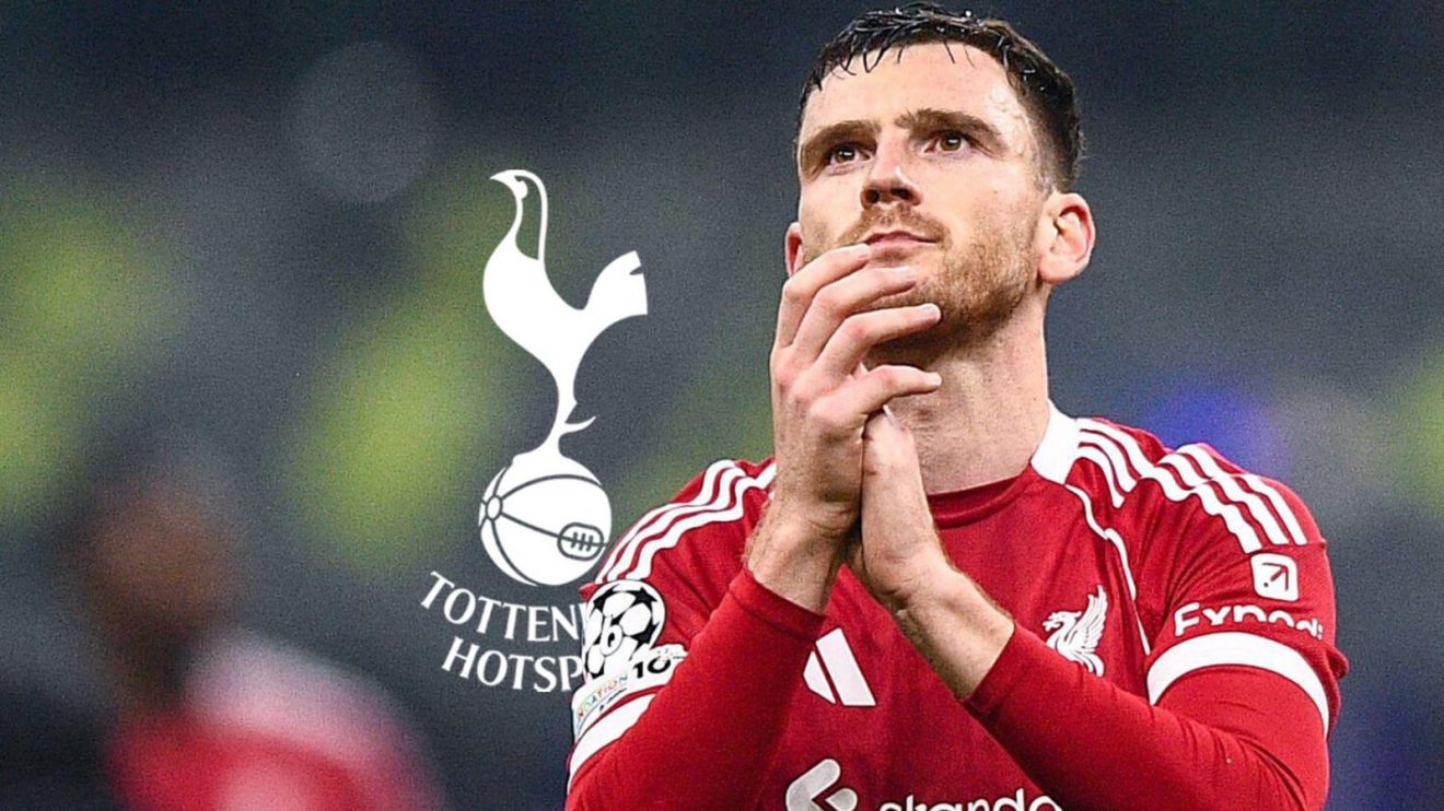 Liverpool defender Andy Robertson with the Tottenham badge