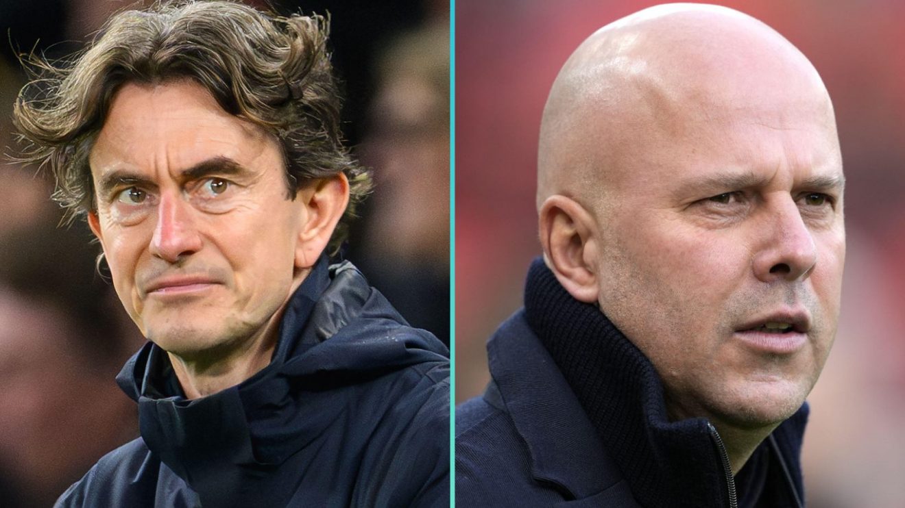Spurs boss Thomas Frank and Liverpool head coach Arne Slot