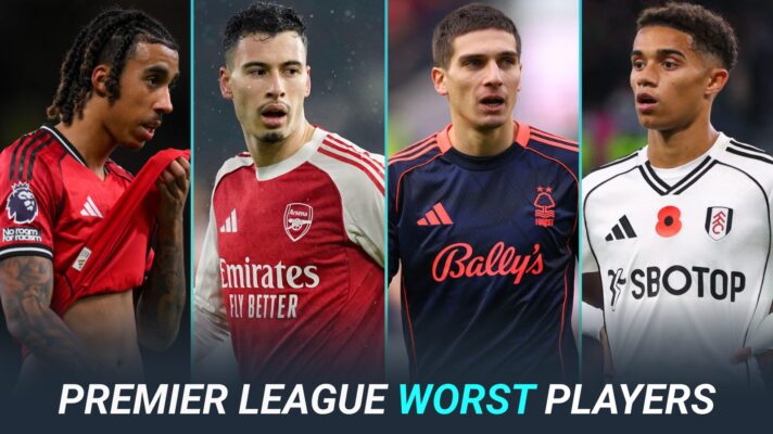 Premier League worst players graphic with Leny Yoro, Gabriel Martinelli, Nicolas Dominguez and Josh King
