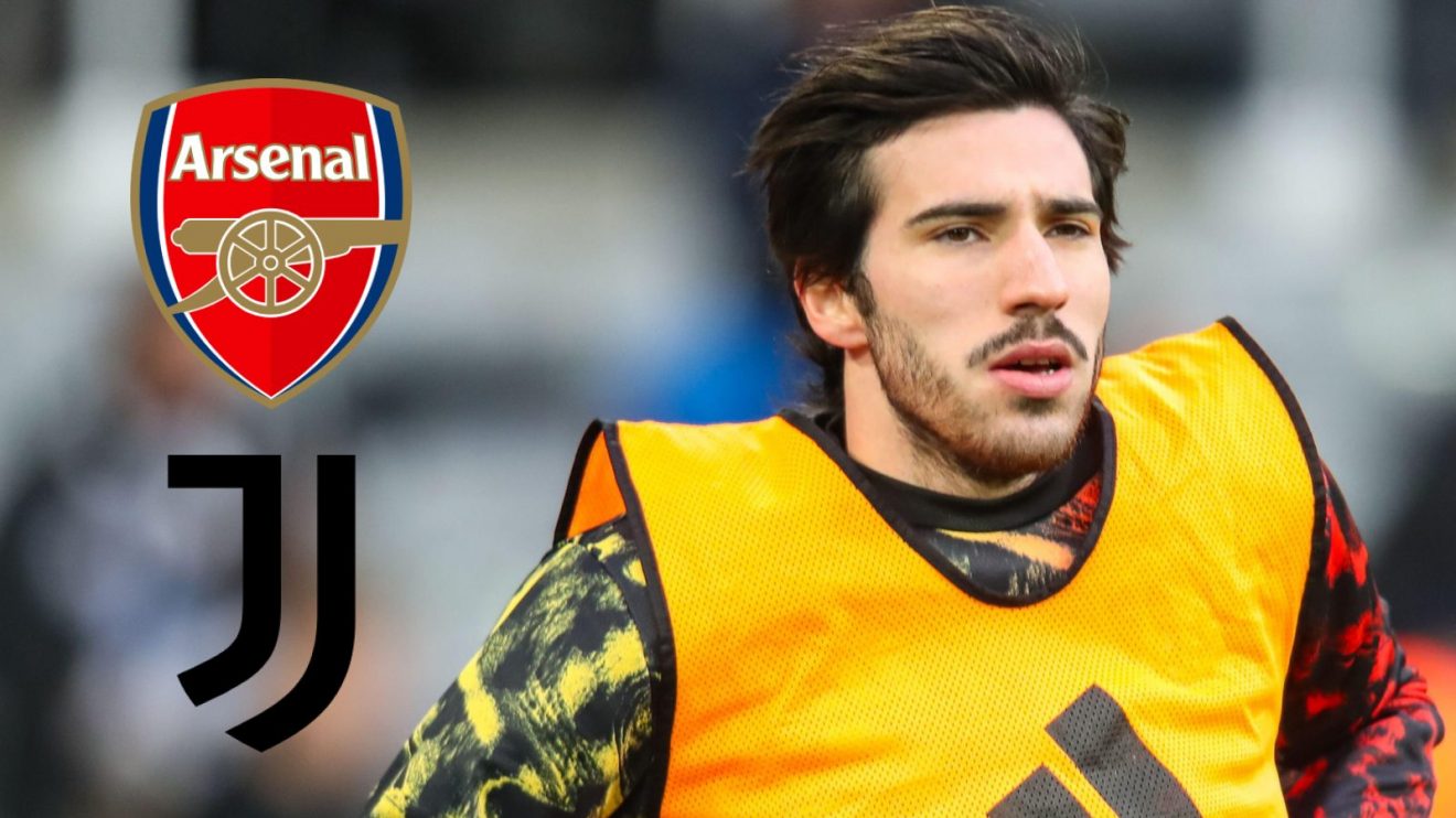 Newcastle midfielder Sandro Tonali with the Arsenal and Juventus badges