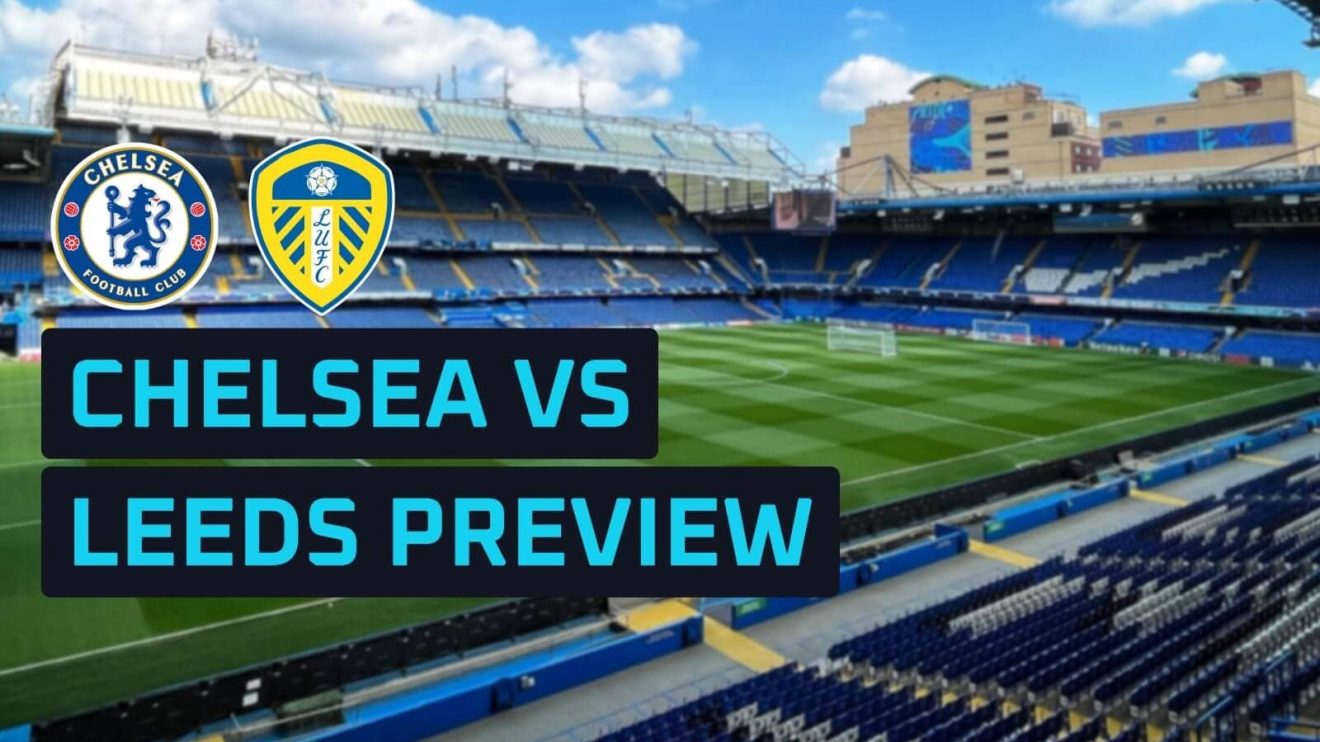 Chelsea and Leeds club badges against a backdrop of Stamford Bridge.