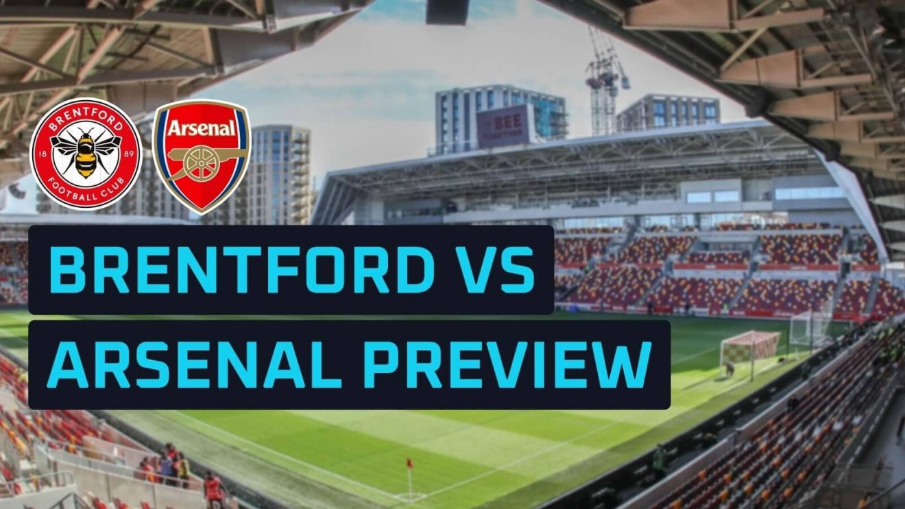 Brentford and Arsenal club badges against a backdrop of the Gtech Community Stadium