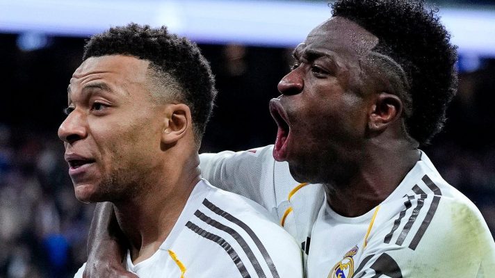 Real Madrid players Kylian Mbappe and Vinicius Junior celebrate