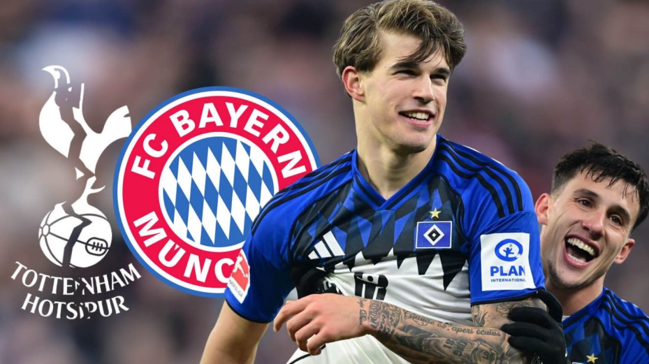 Luka Vuskovic with a cracked Spurs badge and normal Bayern badge