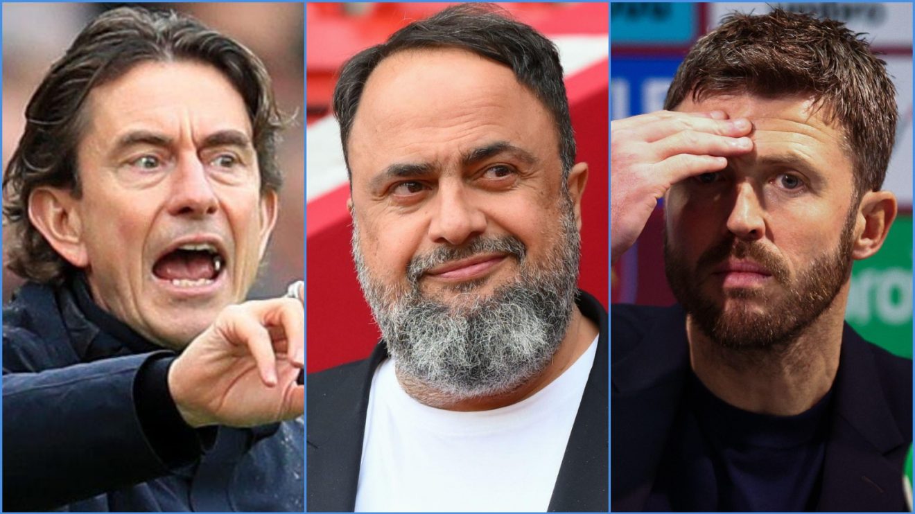 Spurs coach Thomas Frank, Nottingham Forest's Evangelos Marinakis and Michael Carrick of Man Utd