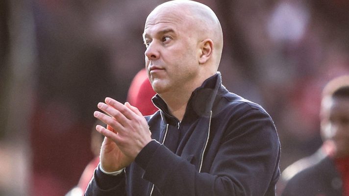 Arne Slot reacts after Liverpool's late win at Nottingham Forest.