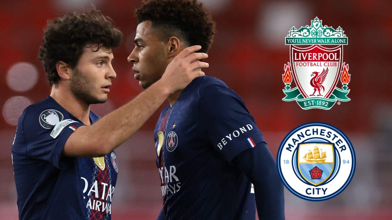 Joao Neves and Desire Doue with the Liverpool and Man City badges