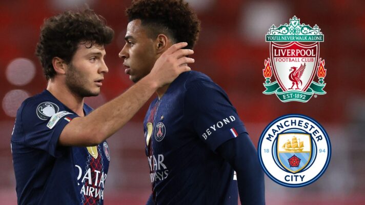 Joao Neves and Desire Doue with the Liverpool and Man City badges