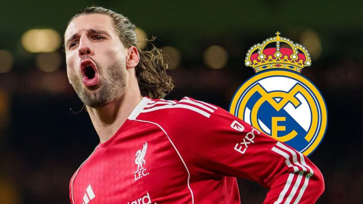 Liverpool midfielder Dominik Szoboszlai with the Real Madrid badge