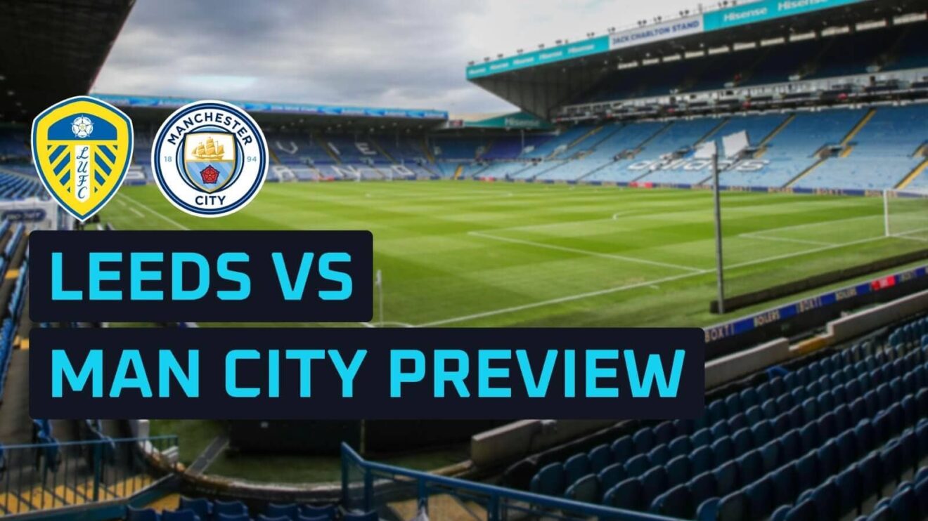 Leeds and Man City club badges against a backdrop of Elland Road.