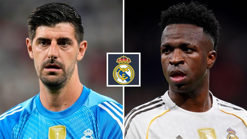 Two Images Collage Thibaut Courtois Vinicius Junior