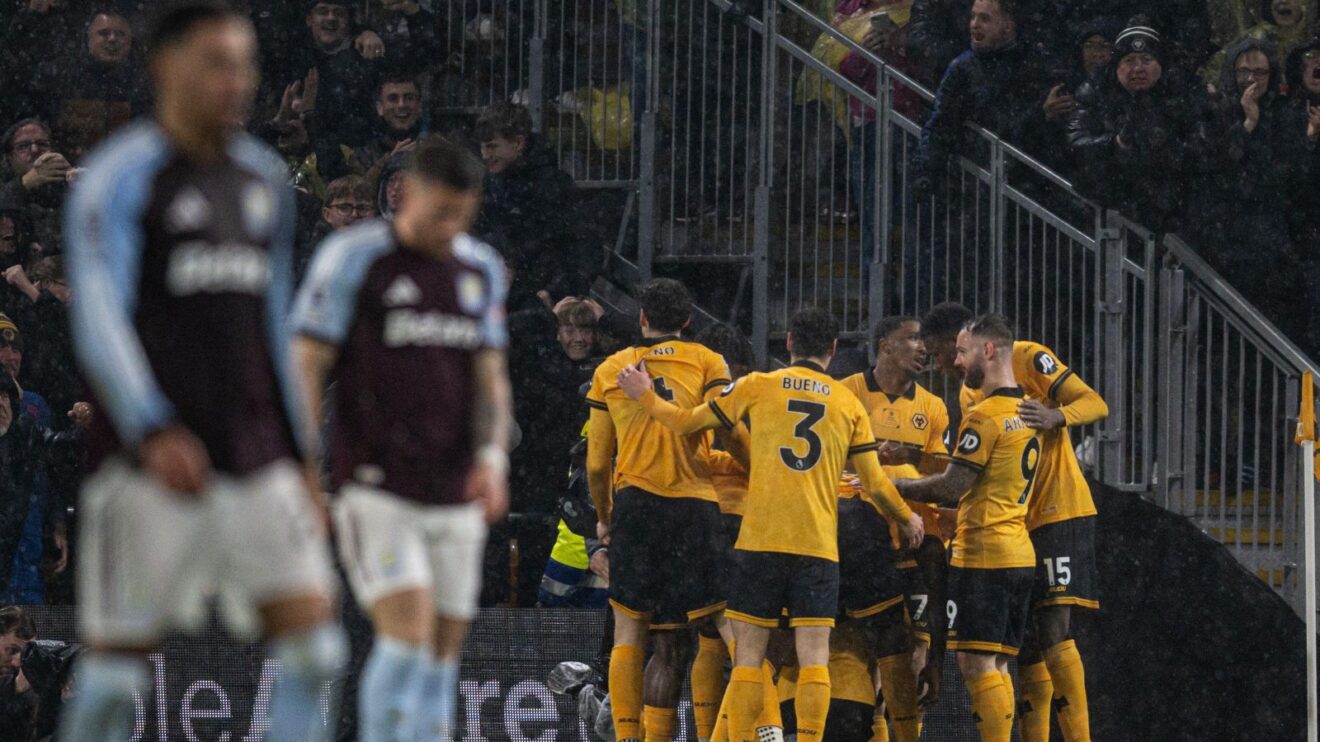 Wolves celebrate against Aston Villa.