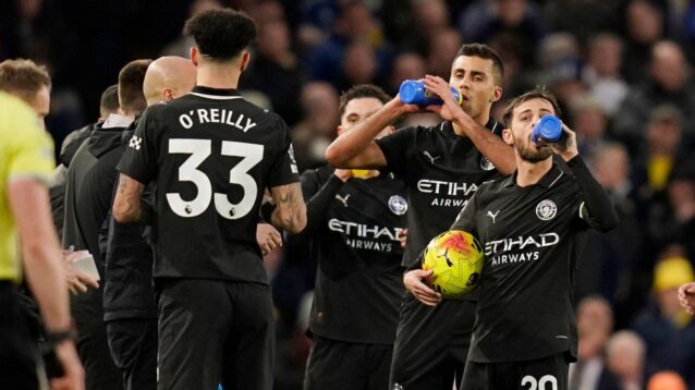 Man City players drink water during a pre-arranged Ramadan break