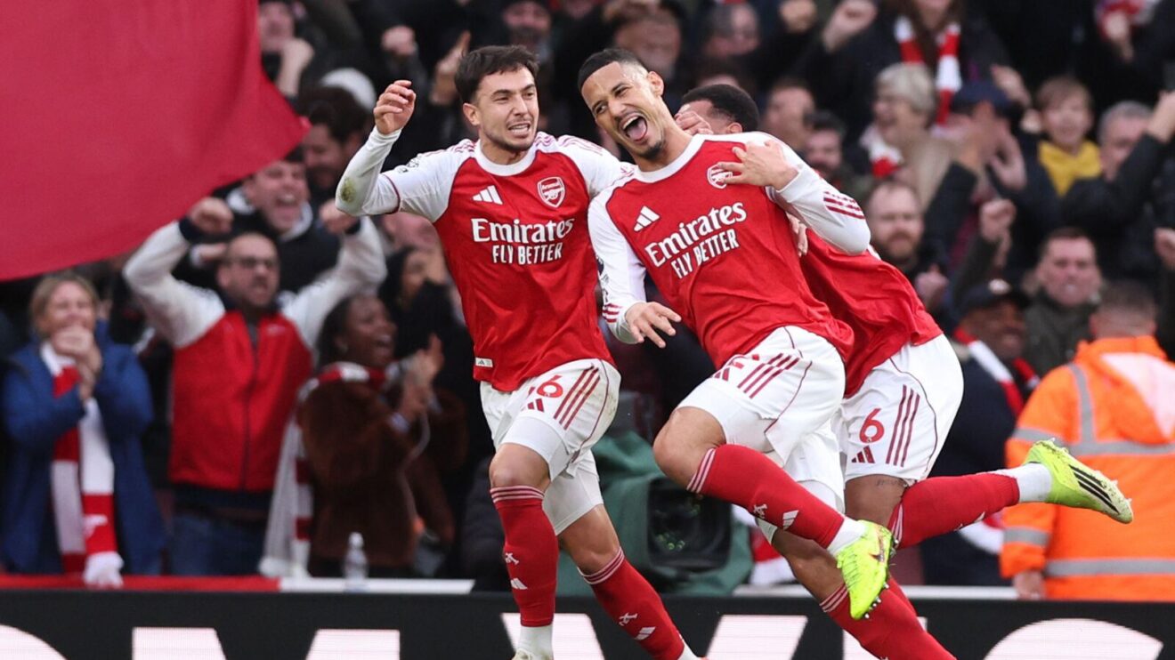 William Saliba celebrates after scoring the first goal for Arsenal in a 2-1 win over Chelsea