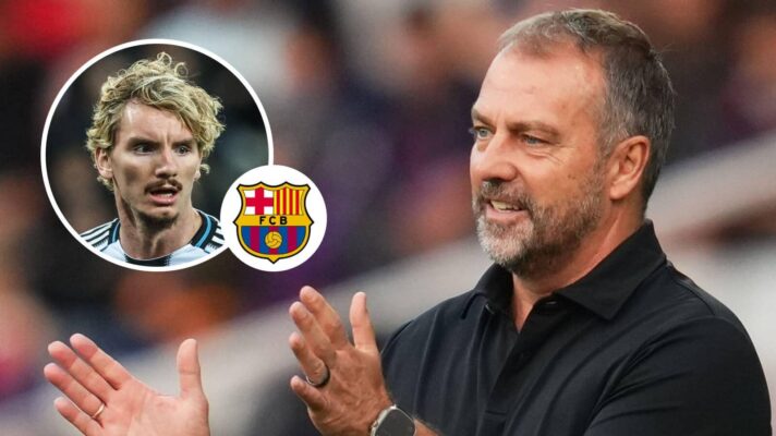 Newcastle United striker Nick Woltemade, Barcelona badge and Hansi Flick - copyright F365