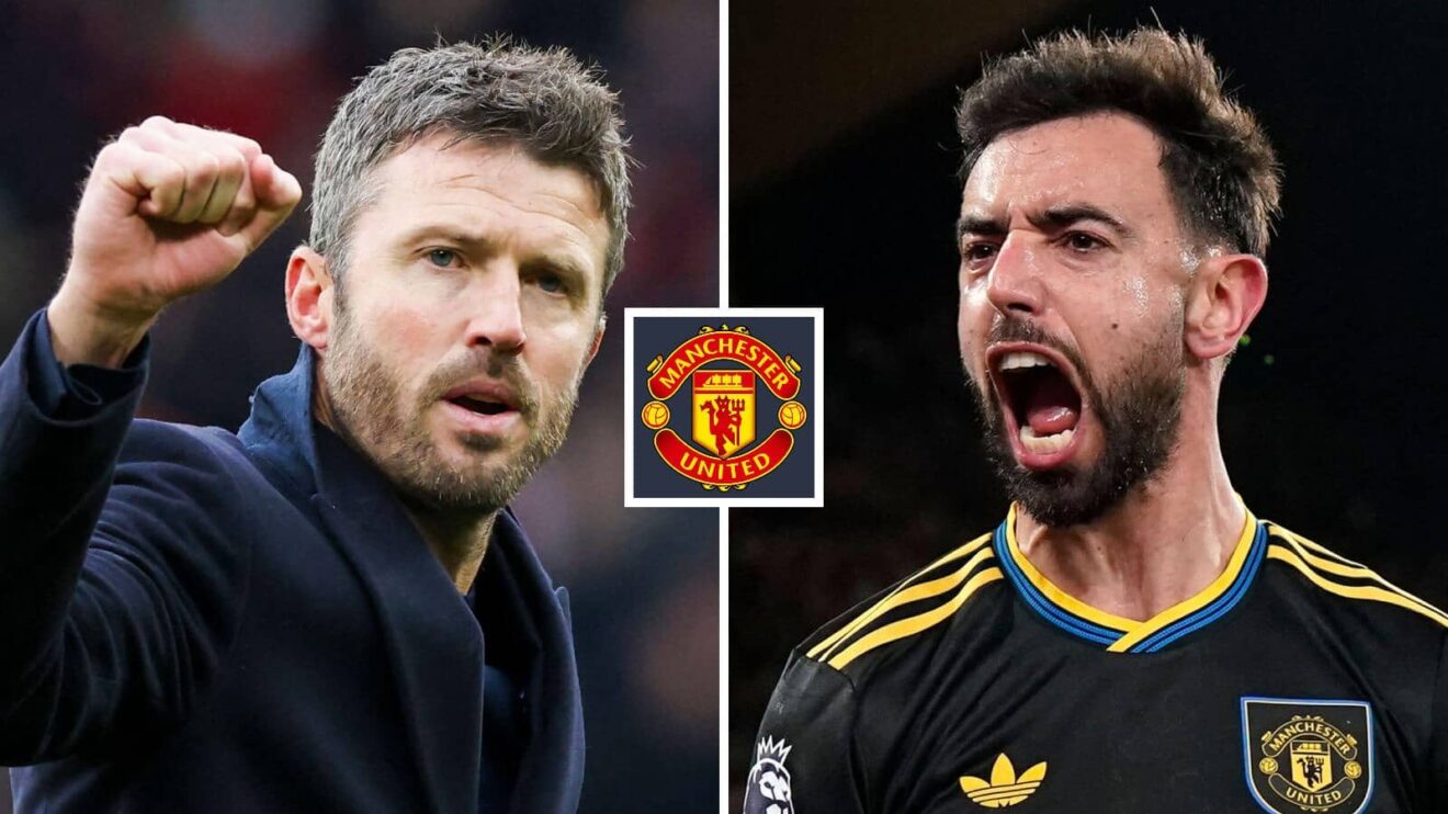 Hole image of Michael Carrick and Bruno Fernandes via the Manchester Joined badge in in between - copyright F365