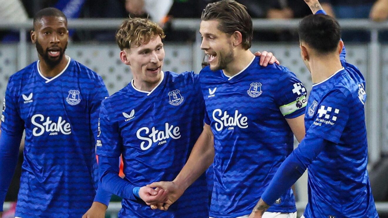 James Garner celebrates with his Everton team-mates