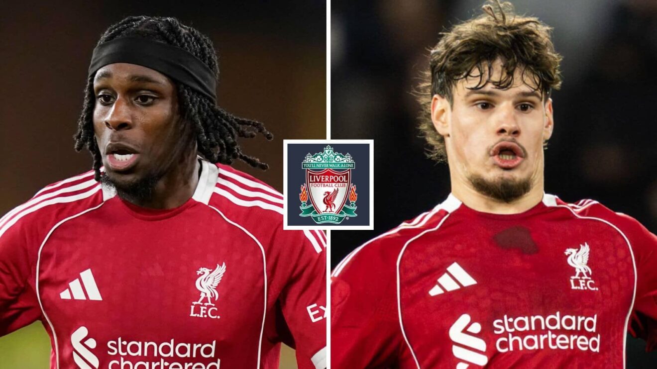 Split image of Liverpool duo Jeremie Frimpong and Milos Kerkez with the Liverpool badge in between - copyright F365