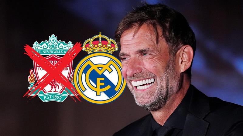 Jurgen Klopp, Liverpool badge with red X, Real Madrid badge