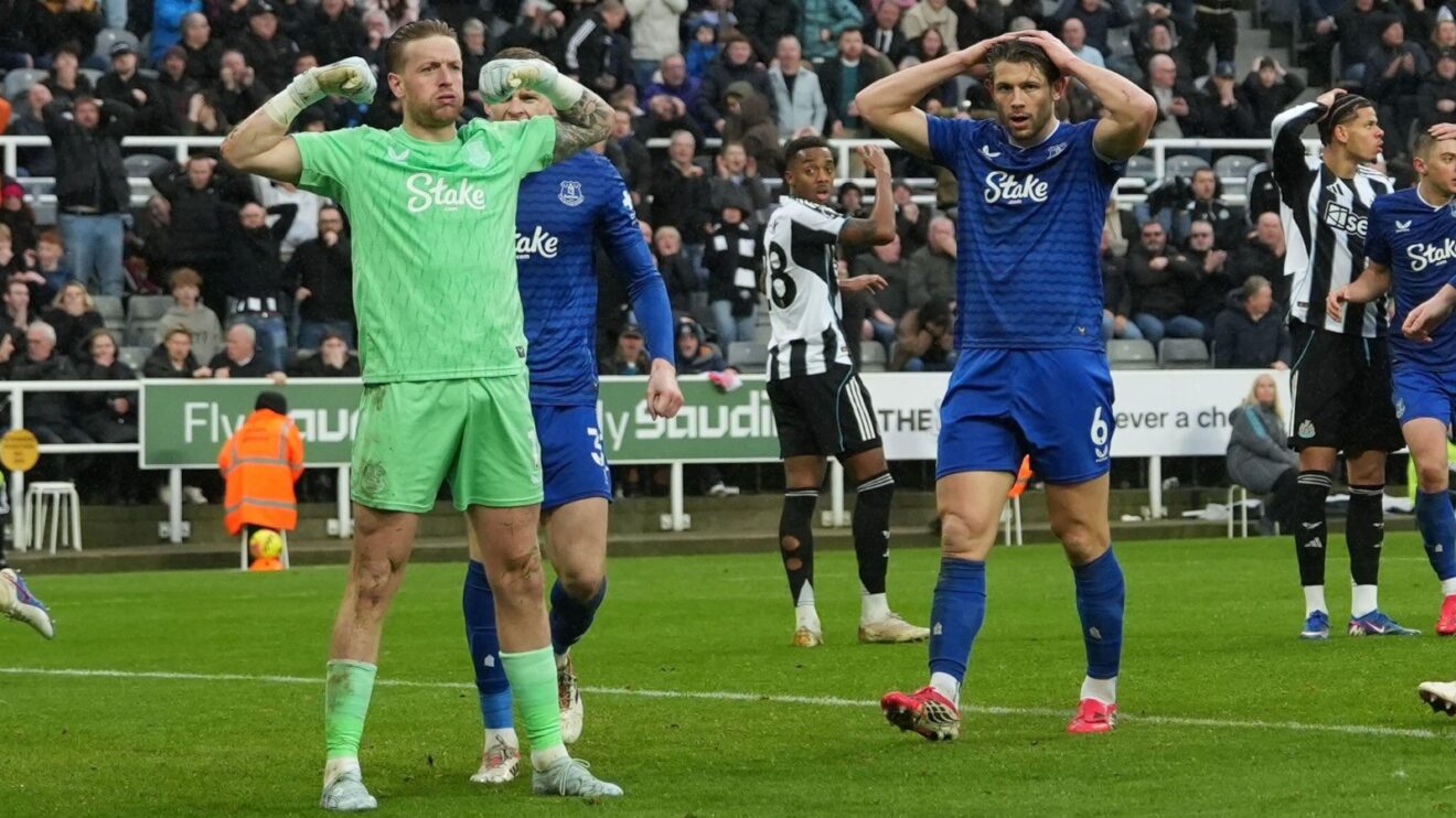Jordan Pickford savours his save against Newcastle.