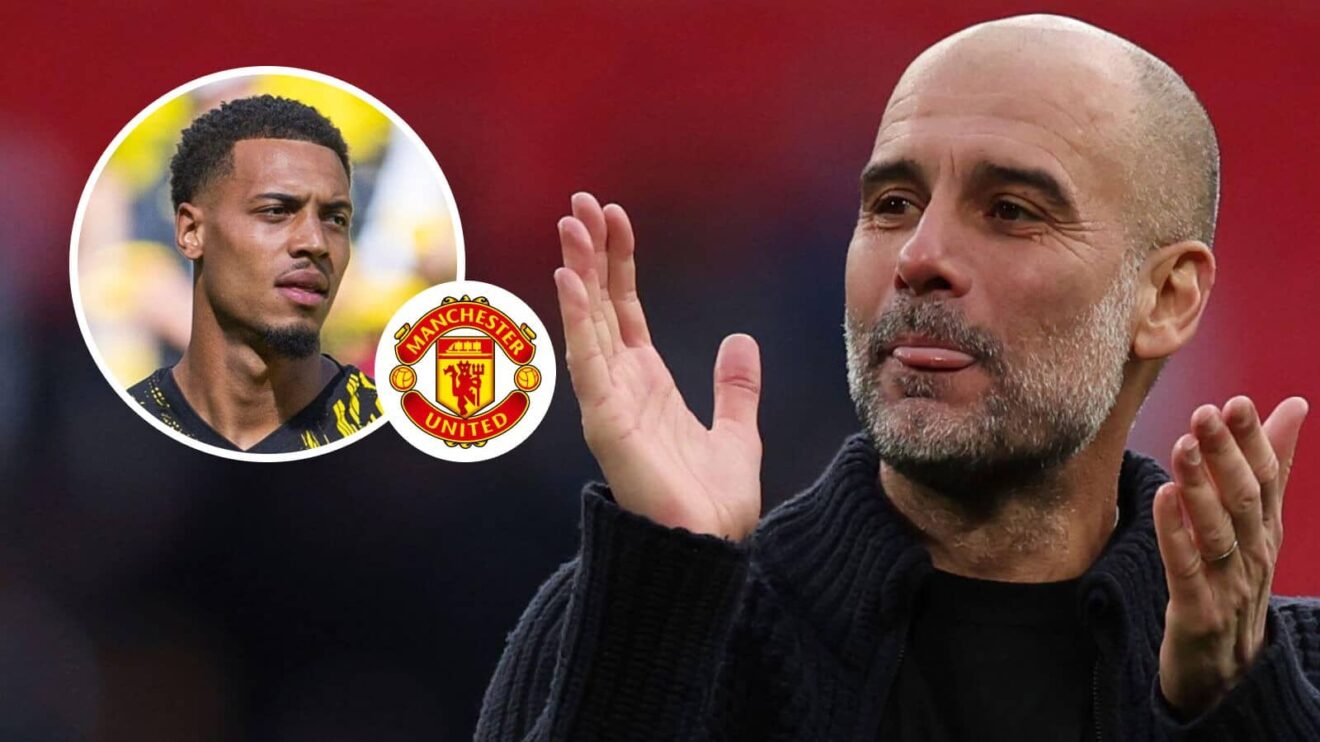 Borussia Dortmund midfielder Felix Nmecha, Manchester United badge and Manchester City manager Pep Guardiola - copright F365