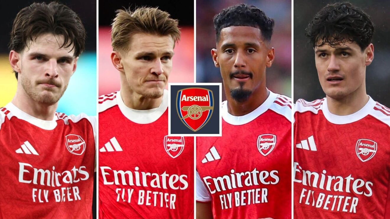 Arsenal badge, Declan Rice, Martin Odegaard, William Saliba and Christian Norgaard