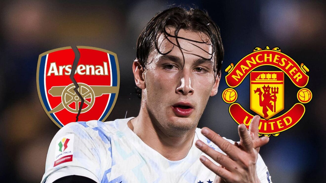 Split Arsenal badge, Inter Milan demonstrator Pio Esposito and also Manchester Joined badge